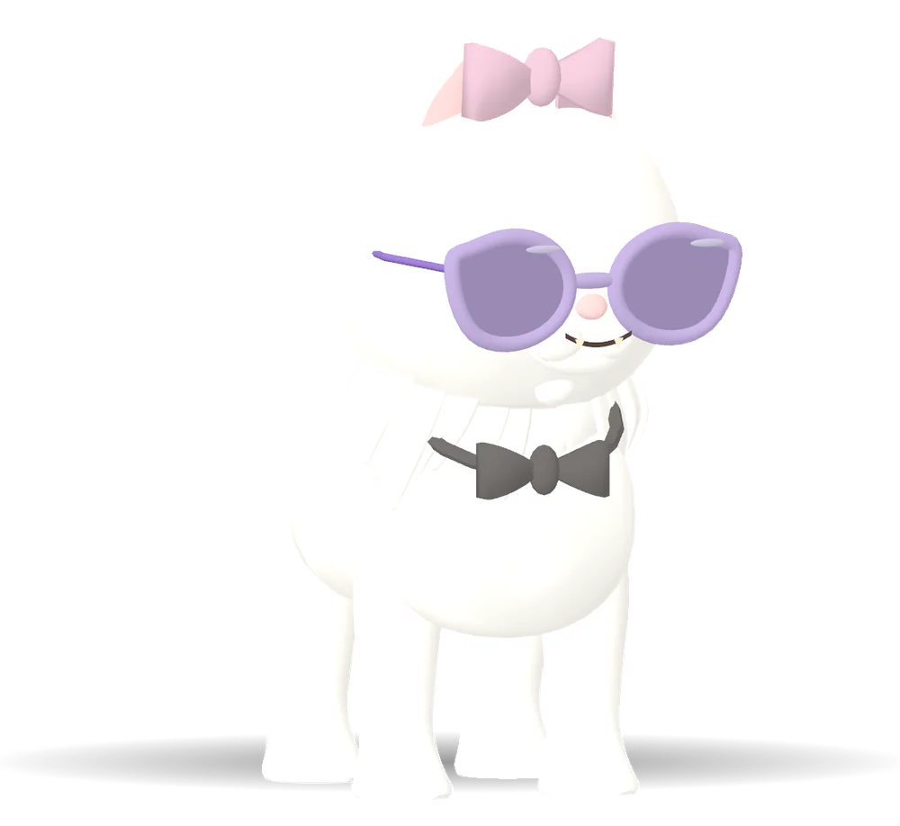 A white longhaired cat in cat-eye glasses, a bow tie and a pink ribbon